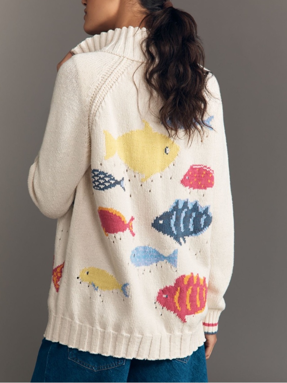 🐟Anthropologie Fish Icon Zip-Up Sweater Pilcro NEW Novelty SeaLife Ivory Pattern